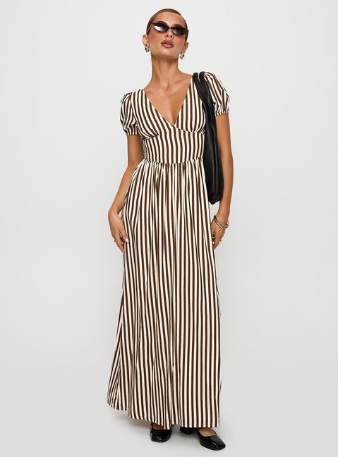 side view of model wearing Princess Polly Collyns Maxi Dress Beige Pinstripe V-Neck 