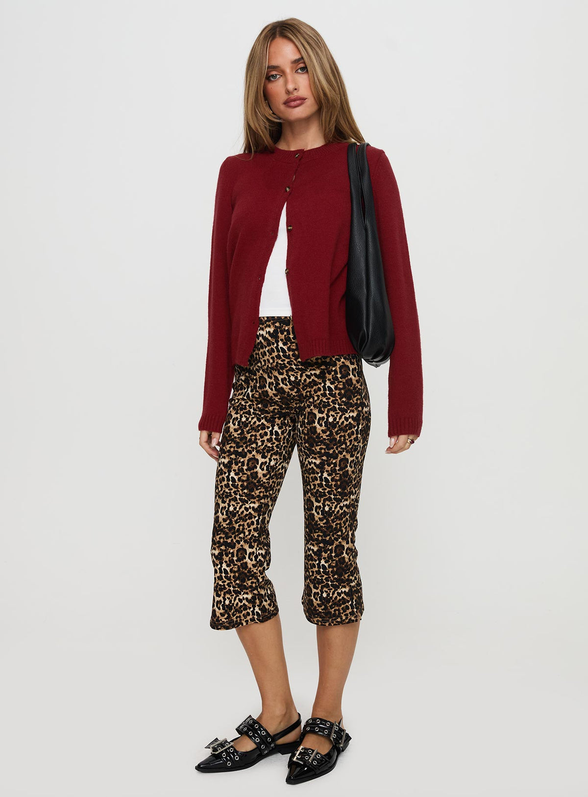 back view of model wearing Princess Polly Arica Button Up Knit Cardigan Red Longline Jumpers Jumpers 