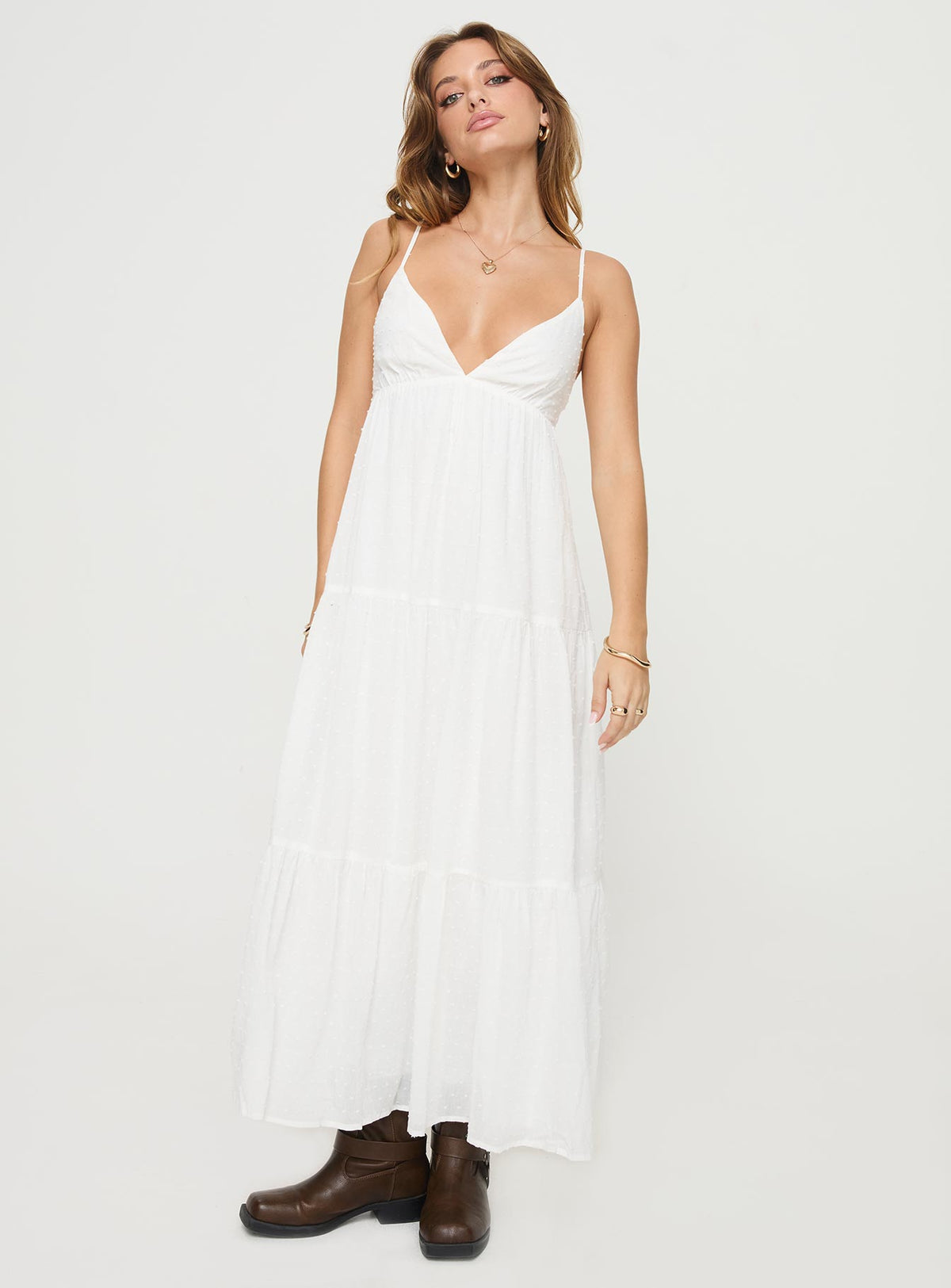 front view of model wearing Princess Polly Koko Maxi Dress White Plunger 