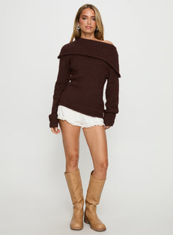 front view of model wearing Princess Polly Kinslea Off Shoulder Knit Sweater Brown regular Jumpers 