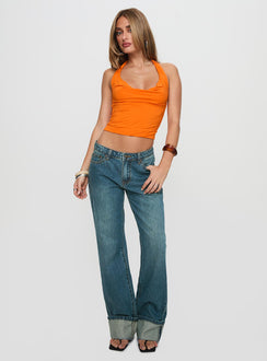 front view of model wearing Princess Polly Toros Mid Rise Wide Leg Foldover Denim Jeans Mid Blue Low Rise Jeans Jeans 
