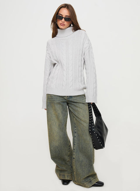 front view of model wearing Princess Polly Nyle Knit Sweater Grey Longline Jumpers Jumpers 