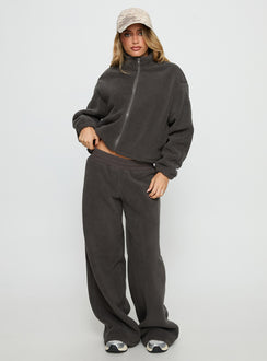 front view of model wearing Princess Polly Siberia Fleece Zip Up Jumper Charcoal regular Jumpers 