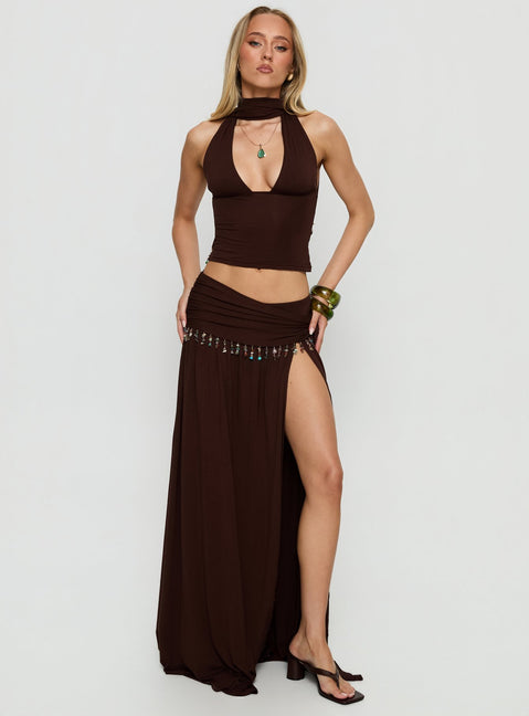   front view of model wearing Princess Polly Spirita Beaded Sarong Maxi Skirt Brown Maxi Skirts Skirts 
