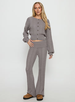 front view of model wearing Princess Polly Baleigh Cable Knit Foldover Pants Grey Mid Rise Pants Pants 
