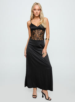 front view of model wearing Princess Polly Captivate Lace Maxi Dress Black V-Neck 