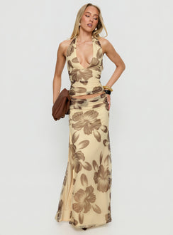   front view of model wearing Princess Polly Roselin Mesh Maxi Skirt Brown Floral Maxi Skirts Skirts 