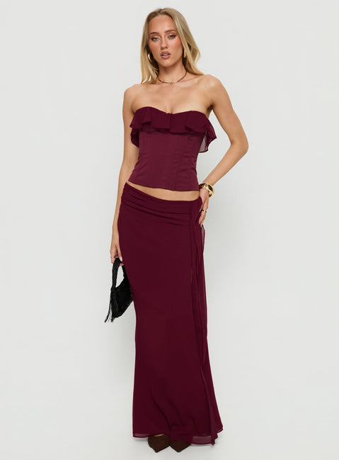  front view of model wearing Princess Polly Hollian Draped Maxi Skirt Wine Maxi Skirts Skirts 