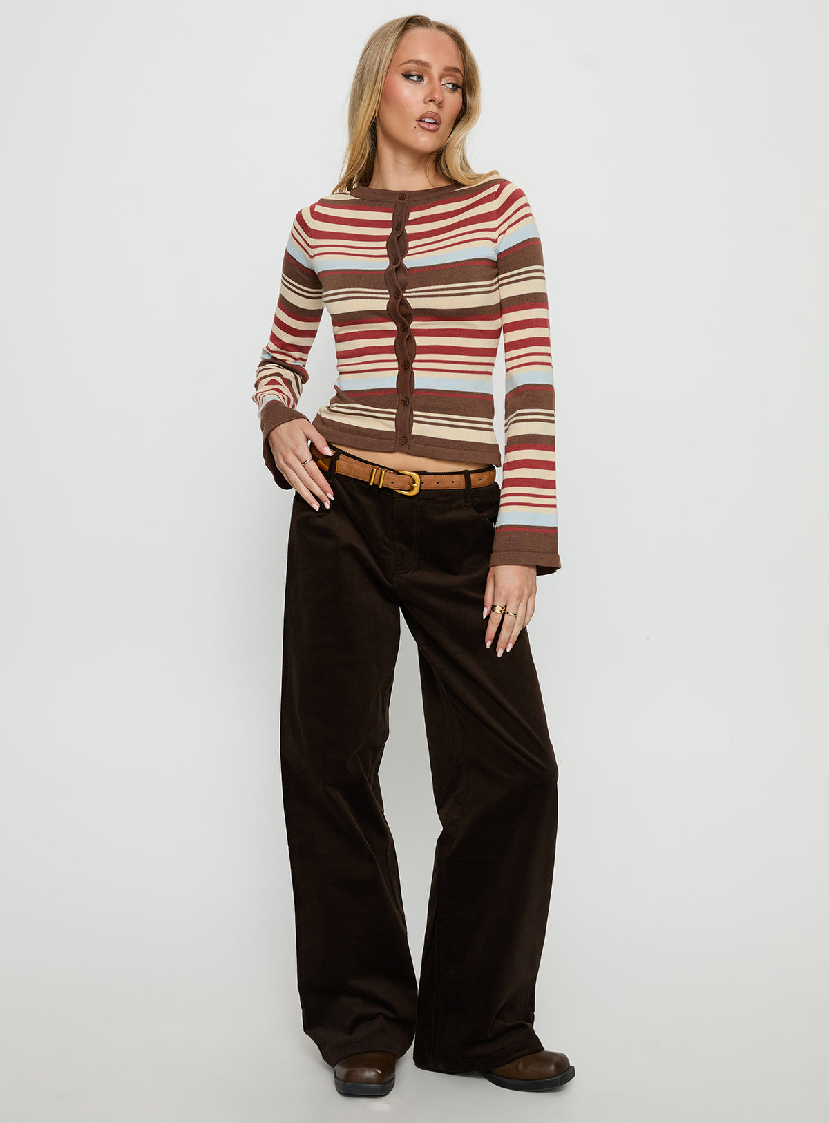 front view of model wearing Princess Polly Kenza Wide Leg Corduroy Pant Brown Mid Rise Pants Pants 