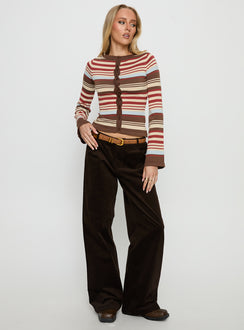 front view of model wearing Princess Polly Kenza Wide Leg Corduroy Pant Brown Mid Rise Pants Pants 