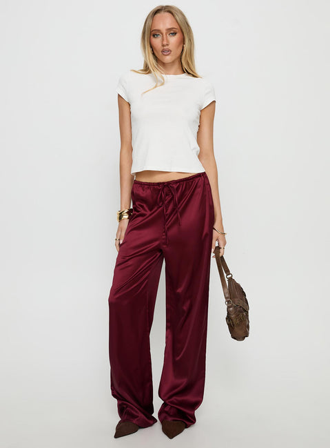 front view of model wearing Princess Polly Soulstar Satin Pants Wine Mid Rise Pants Pants 
