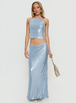   front view of model wearing Princess Polly Emalia Sheer Sequin Maxi Skirt Blue Skirts 