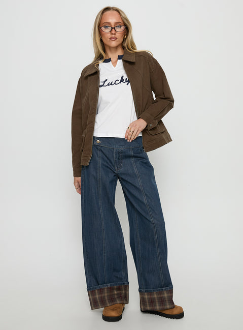 front view of model wearing Princess Polly Nikoletta Foldover Jeans Dark Wash / Check Mid Rise Jeans Jeans 