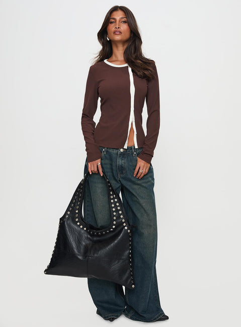front view of model wearing Princess Polly Phaidra Button Up Long Sleeve Top Brown Full Sleeves Scoop Neck 