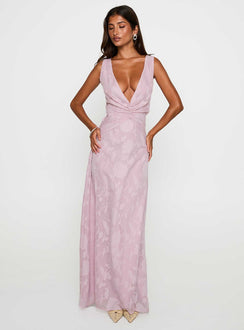 front view of model wearing Princess Polly Frederica Plunge Burnout Maxi Dress Mauve Plunger 