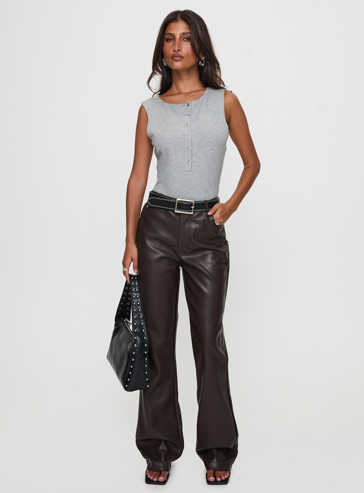 front view of model wearing Princess Polly Nolene Low Rise Pants Chocolate High Rise Pants Pants 