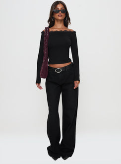 front view of model wearing Princess Polly Everlong Mid Rise Straight Leg Jeans Mid Black Wash High Rise Jeans Jeans 