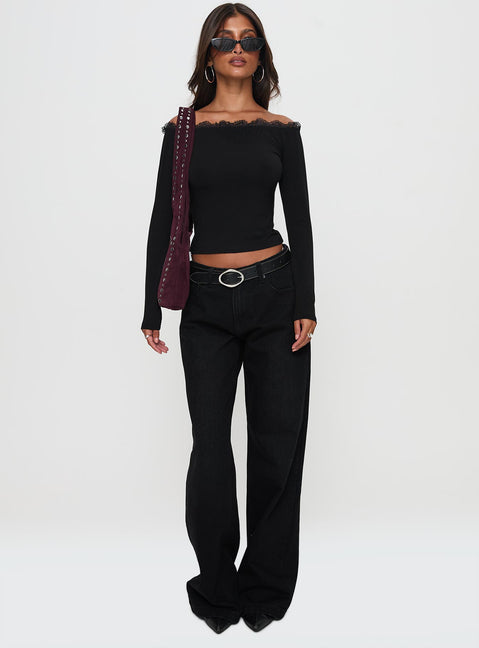 front view of model wearing Princess Polly Everlong Mid Rise Straight Leg Jeans Mid Black Wash High Rise Jeans Jeans 