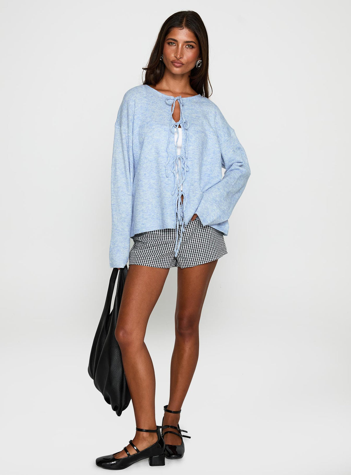 front view of model wearing Princess Polly Frosty Knit Cardigan Blue Longline Jumpers Jumpers 