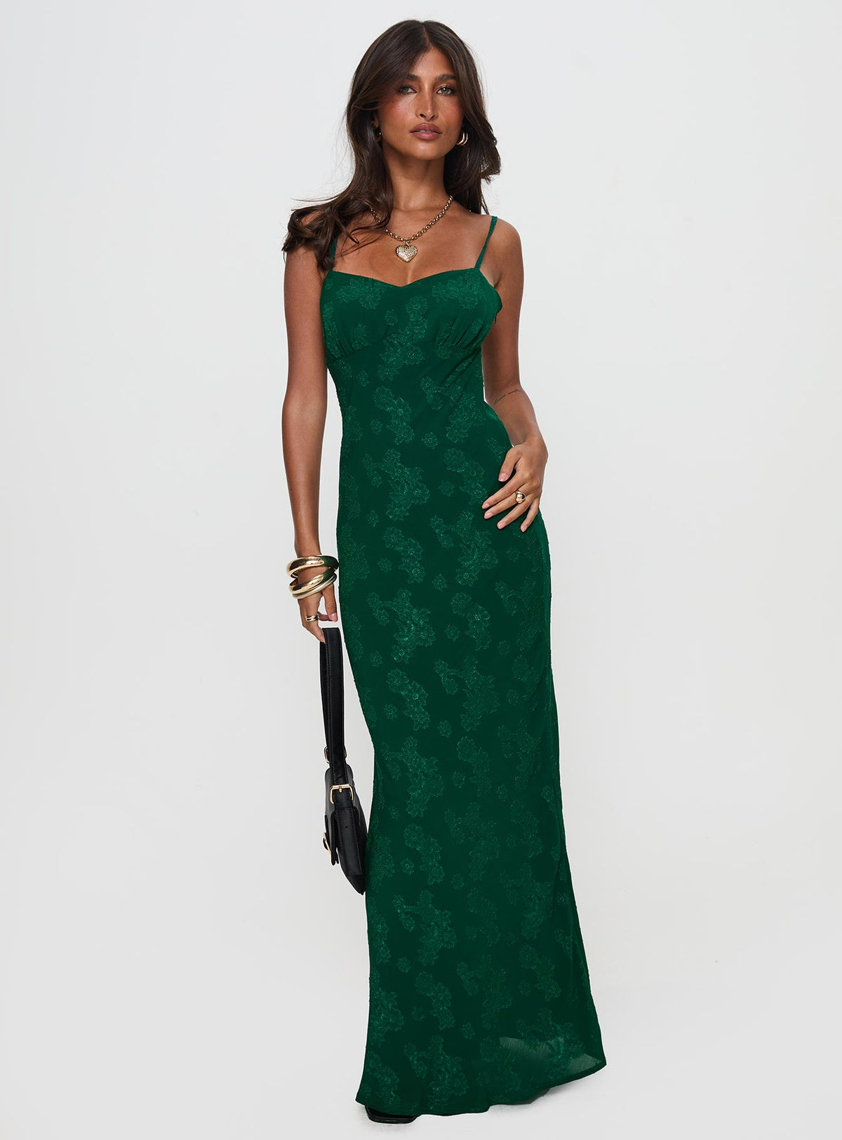 front view of model wearing Princess Polly Ginette Maxi Dress Forest Green Sweetheart Neckline 
