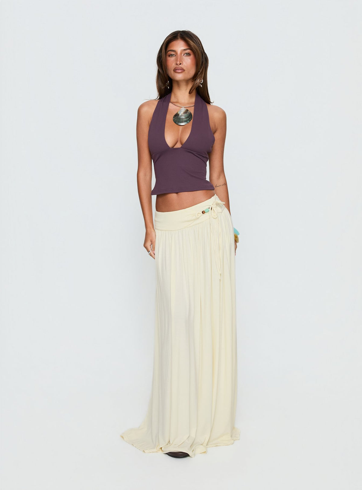   front view of model wearing Princess Polly Velvet Storm Tie Detail Flowy Maxi Skirt Cream Maxi Skirts Skirts 