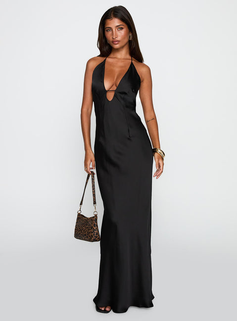 back view of model wearing Princess Polly Yasminn Maxi Dress Black Plunger 
