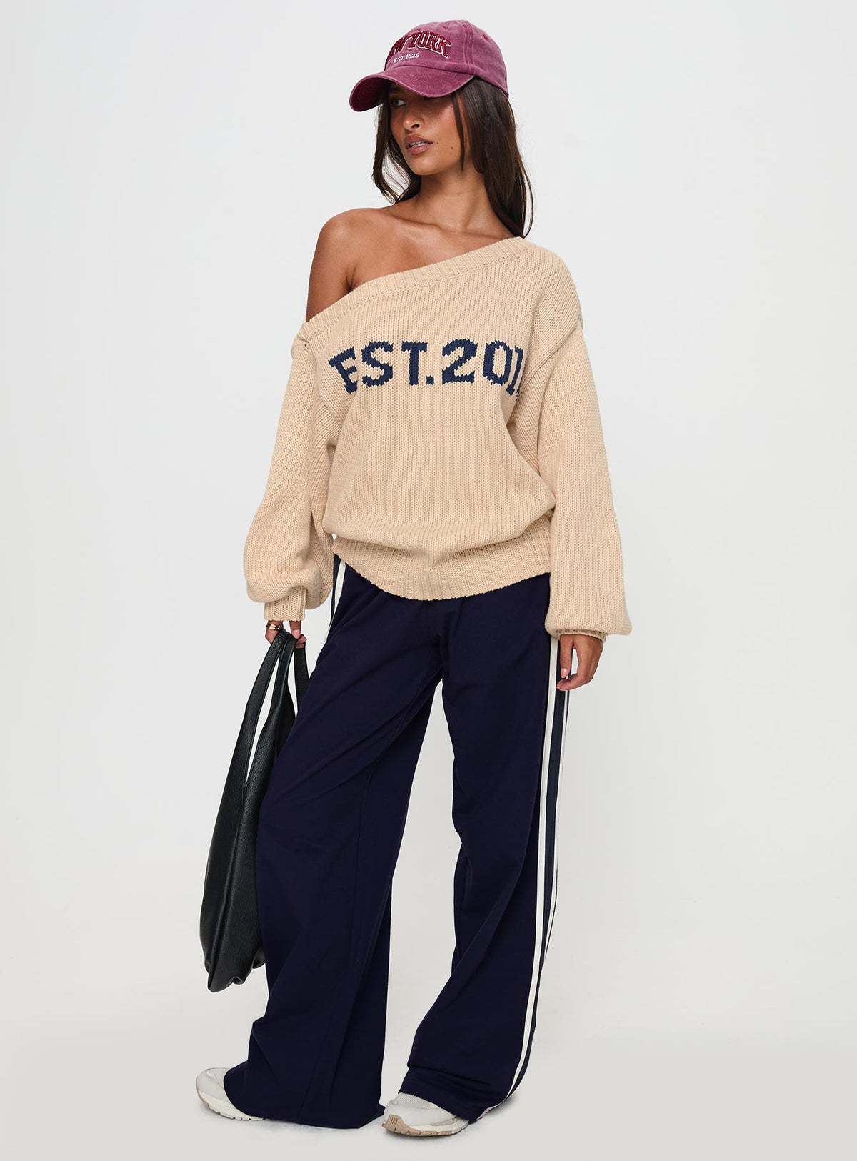 side view of model wearing Princess Polly Jadynn Off Shoulder Knit Sweater Cream Jumpers 