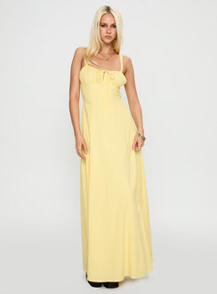 side view of model wearing Princess Polly Leticia Maxi Dress Lemon Sweetheart Neckline 