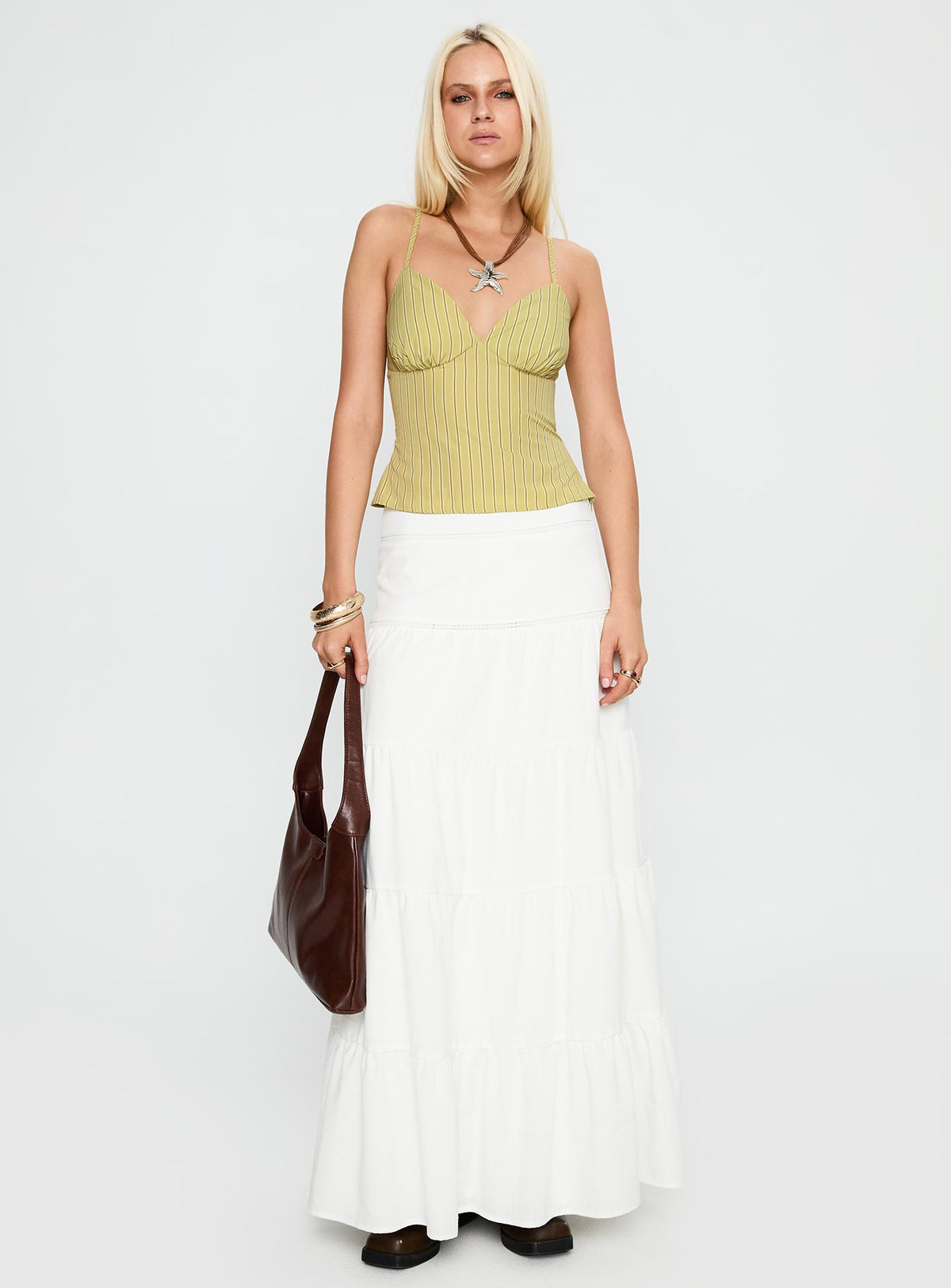 front view of model wearing Princess Polly Lucky Babe Cami Top Sage Stripe Sleeveless Plunger 