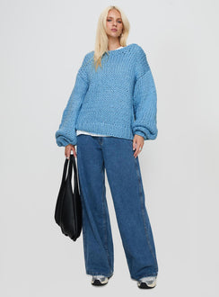 front view of model wearing Princess Polly Arrowtown Hand Knit Sweater Blue Longline Jumpers Jumpers 