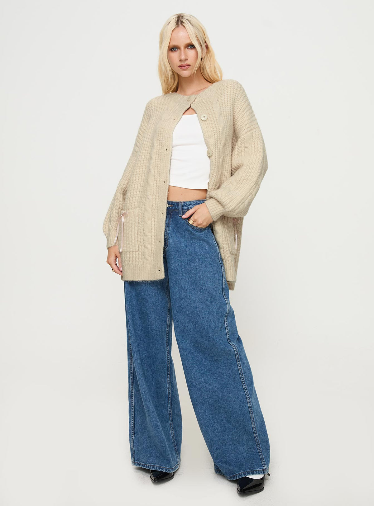 front view of model wearing Princess Polly Cameliah Knit Cardigan Cream Longline Jumpers Jumpers 
