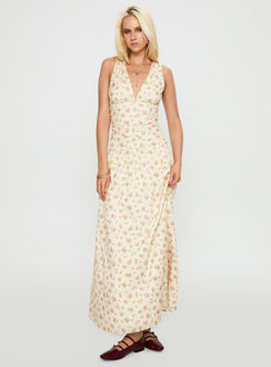 side view of model wearing Princess Polly Esthie Maxi Dress Multi Floral V-Neck 
