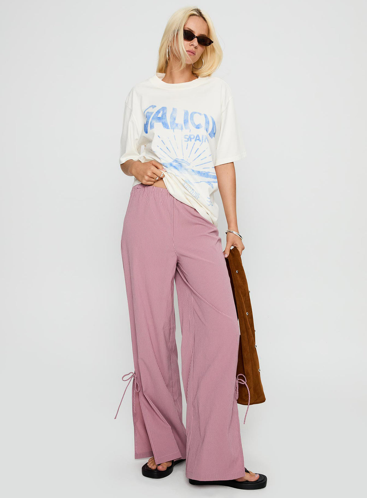 side view of model wearing Princess Polly Jinxie Tie Side Pants Pink Gingham High Rise Pants Pants 