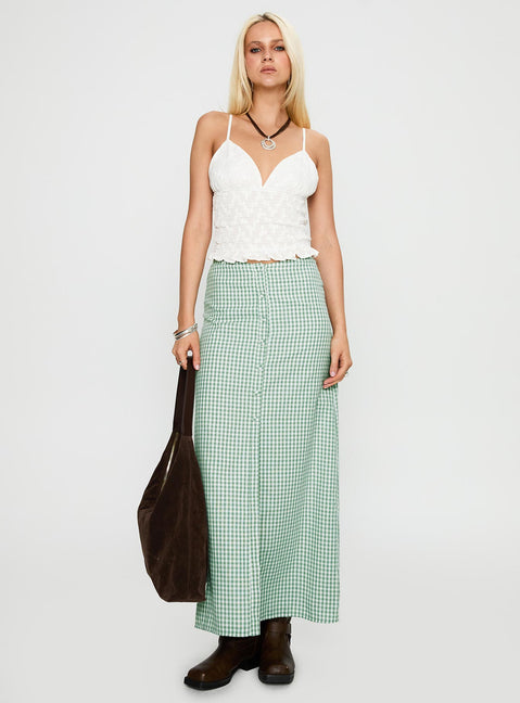  front view of model wearing Princess Polly Macadamia Maxi Skirt Green / White Maxi Skirts Skirts 