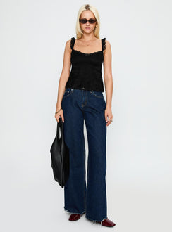side view of model wearing Princess Polly Madaleine Lace Top Black Sleeveless Scoop Neck 