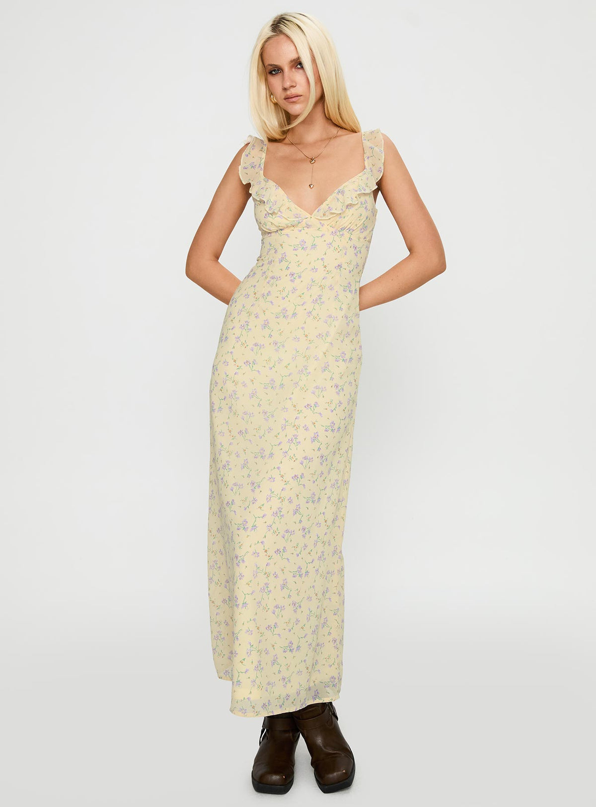 front view of model wearing Princess Polly Jayne Frill Maxi Dress Multi Plunger 