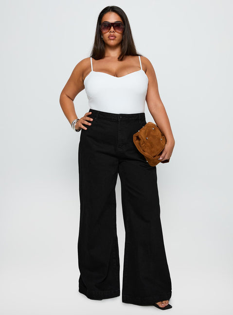 front view of model wearing Princess Polly Goldie High Rise Wide Leg Jeans True Black Curve High Rise Jeans Jeans 
