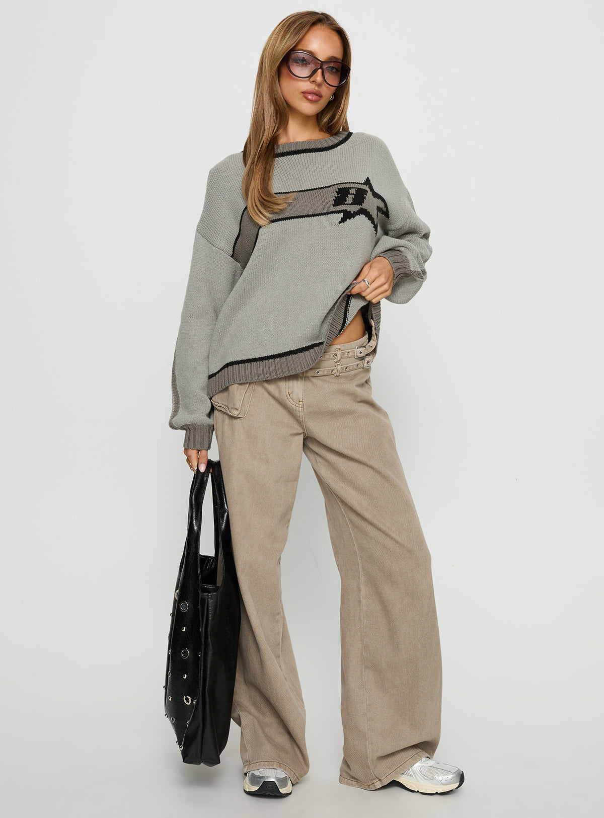 front view of model wearing Princess Polly Star Track Graphic Jumper Grey Longline Jumpers Jumpers 