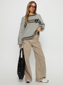 front view of model wearing Princess Polly Star Track Graphic Jumper Grey Longline Jumpers Jumpers 