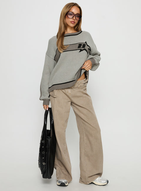 front view of model wearing Princess Polly Star Track Graphic Jumper Grey Longline Jumpers Jumpers 