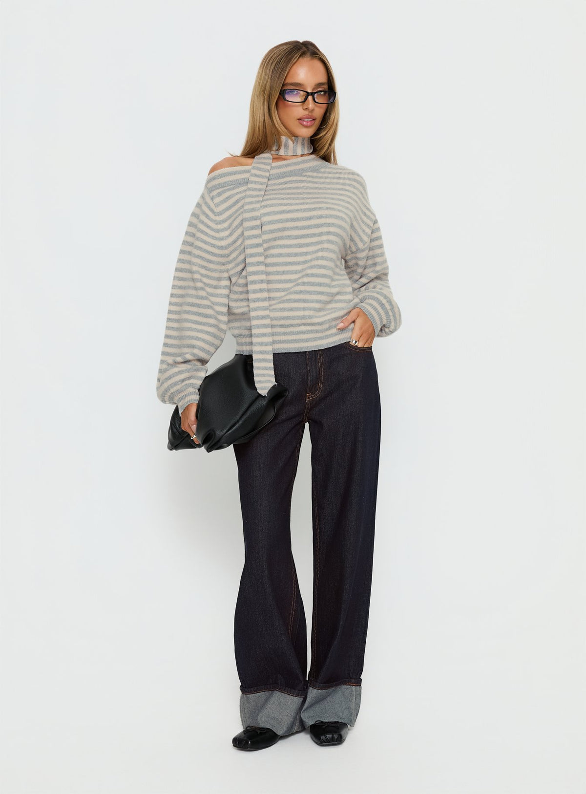 side view of model wearing Princess Polly Ruthi Scarf Off Shoulder Knit Sweater Neutral Stripe Jumpers 