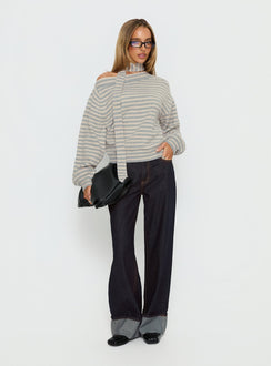 side view of model wearing Princess Polly Ruthi Scarf Off Shoulder Knit Sweater Neutral Stripe Jumpers 