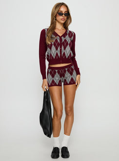 Raiven Knit Shorts Burgundy Argyle