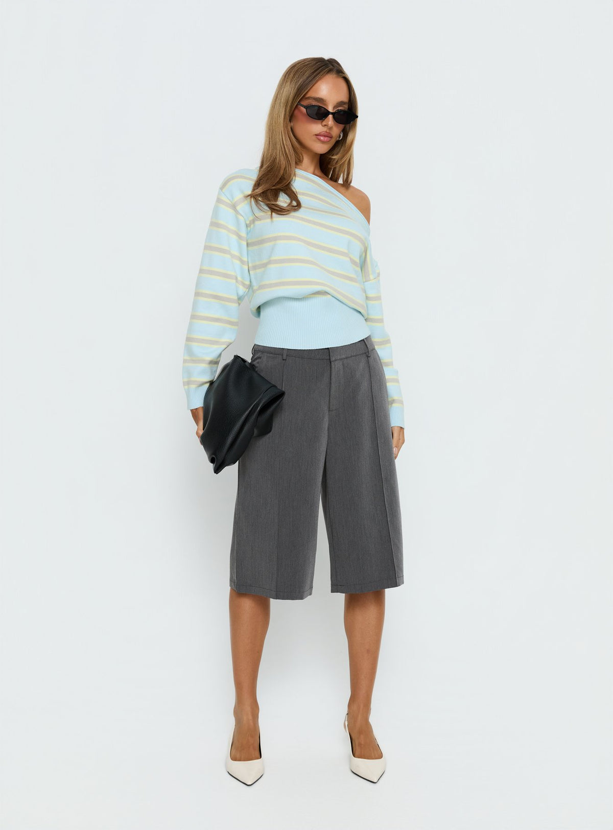 side view of model wearing Princess Polly Zinia Off Shoulder Knit Sweater Grey / Blue Stripe Cropped Jumpers Jumpers 
