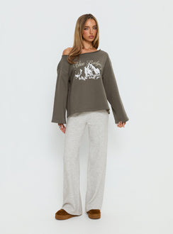 side view of model wearing Princess Polly Bekki Wide Leg Knit Pant Grey Marle High Rise Pants Pants 