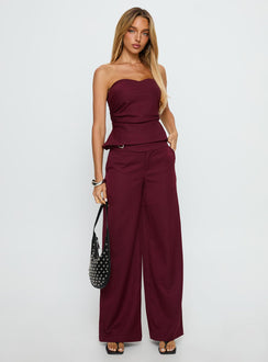 front view of model wearing Princess Polly Jinny Relaxed Buckle Tailored Pants Berry Pinstripe Low Rise Pants Pants 