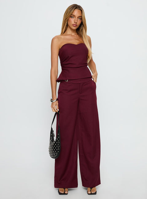 front view of model wearing Princess Polly Jinny Relaxed Buckle Tailored Pants Berry Pinstripe Low Rise Pants Pants 