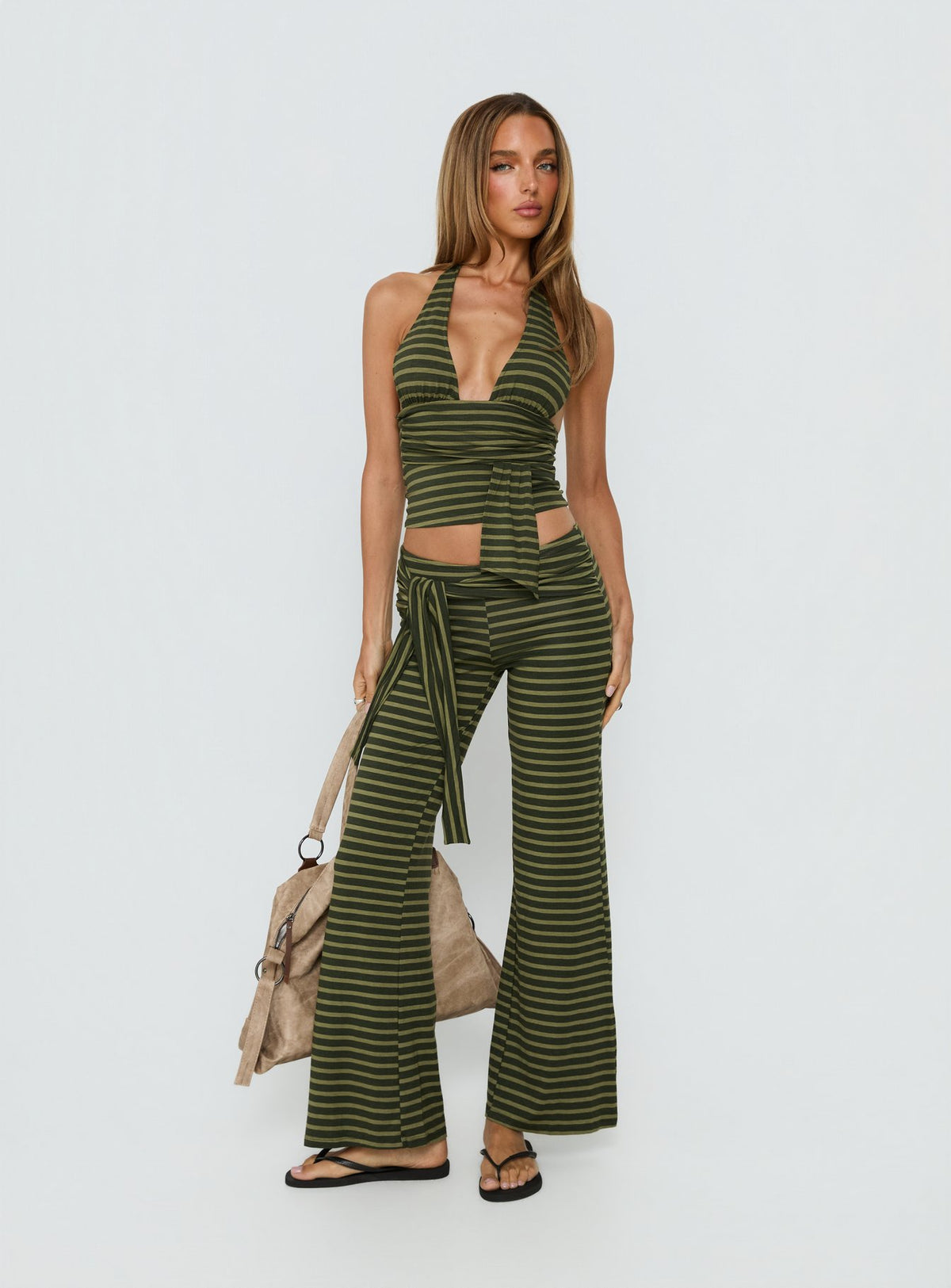 front view of model wearing Princess Polly Esata Tie Detail Pants Green Stripe Mid Rise Pants Pants 