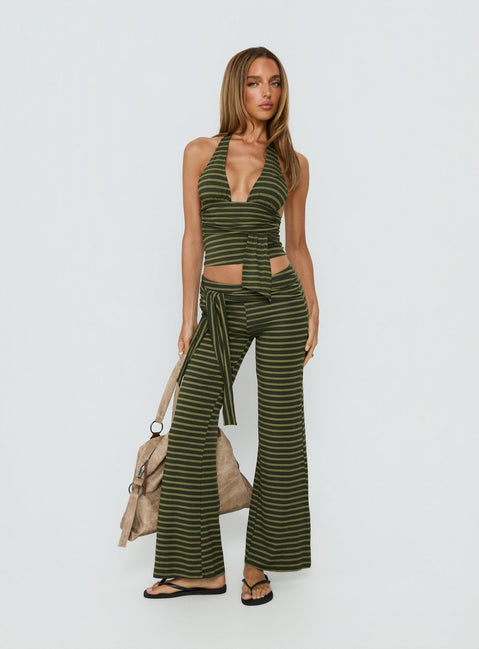 front view of model wearing Princess Polly Esata Tie Detail Pants Green Stripe Mid Rise Pants Pants 