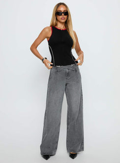 front view of model wearing Princess Polly Mckinley Mid Rise Wide Leg Jeans Washed Grey Mid Rise Jeans 